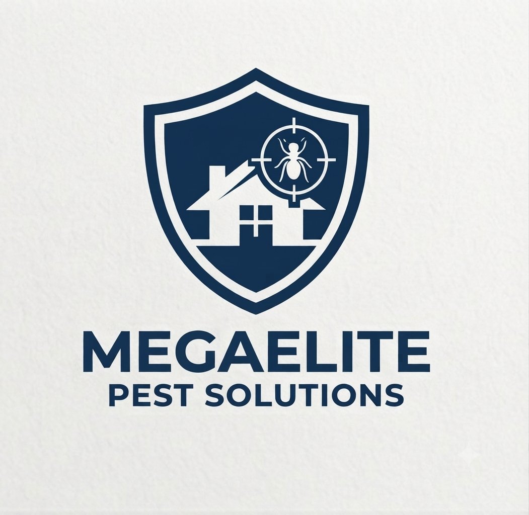 MegaElite Pest Solutions shield logo with a house and targeted insect on a white background